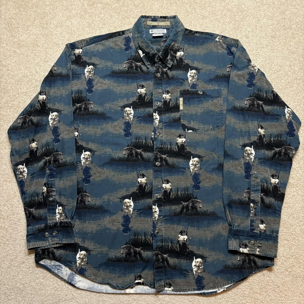 Vtg Columbia Shirt Mens XL Blue River Lodge Hunting Dogs Button Down Long Sleeve